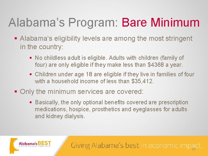 Alabama’s Program: Bare Minimum § Alabama’s eligibility levels are among the most stringent in