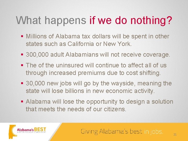 What happens if we do nothing? § Millions of Alabama tax dollars will be