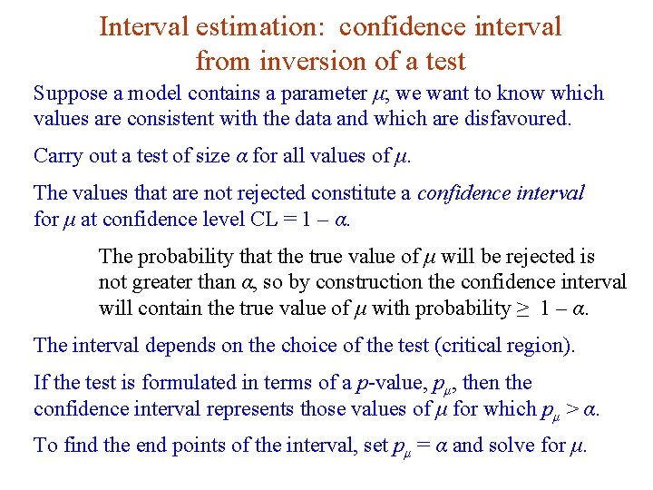 Interval estimation: confidence interval from inversion of a test Suppose a model contains a