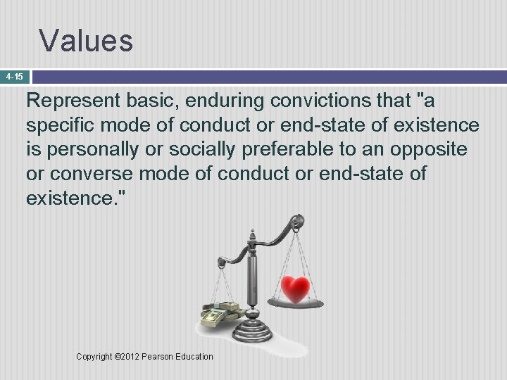 Values 4 -15 Represent basic, enduring convictions that "a specific mode of conduct or