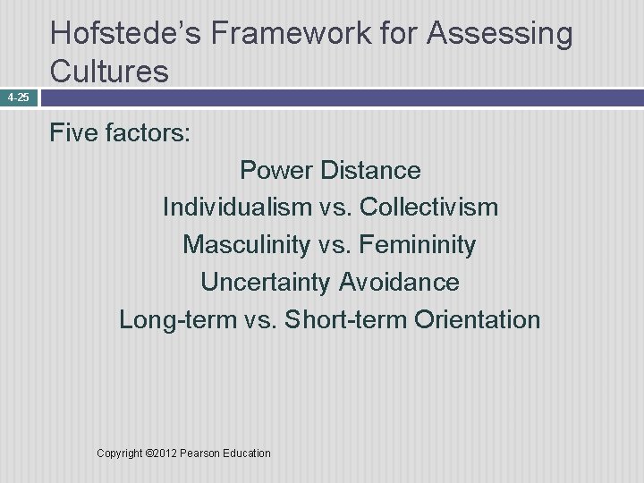 Hofstede’s Framework for Assessing Cultures 4 -25 Five factors: Power Distance Individualism vs. Collectivism