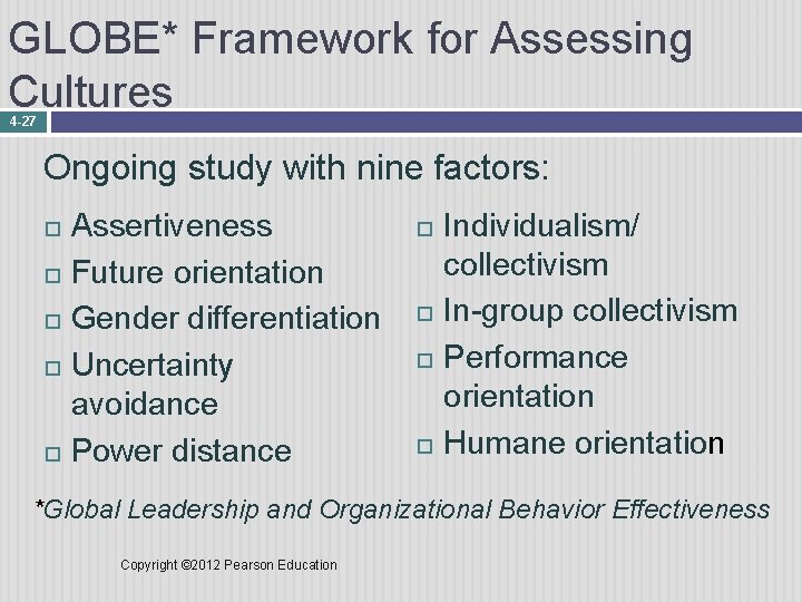 GLOBE* Framework for Assessing Cultures 4 -27 Ongoing study with nine factors: Assertiveness Future