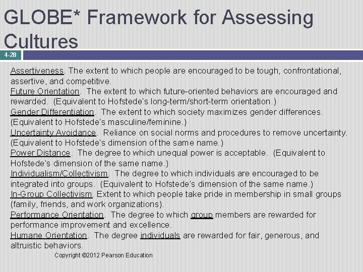 GLOBE* Framework for Assessing Cultures 4 -28 Assertiveness. The extent to which people are