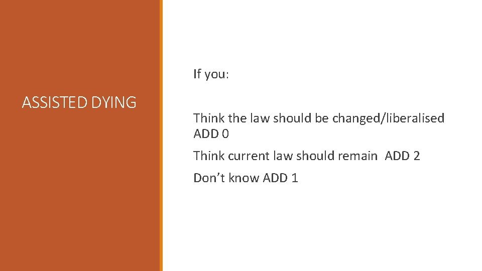 If you: ASSISTED DYING Think the law should be changed/liberalised ADD 0 Think current