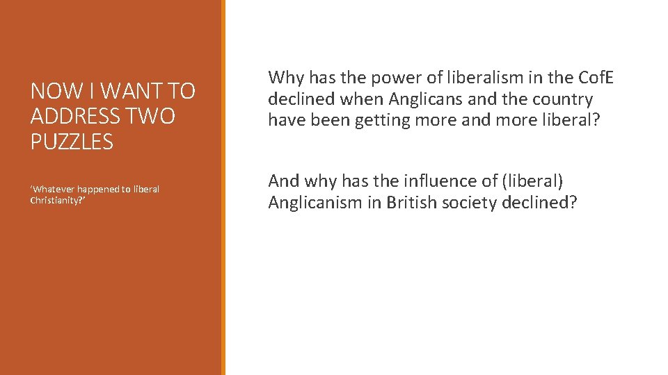 NOW I WANT TO ADDRESS TWO PUZZLES ‘Whatever happened to liberal Christianity? ’ Why