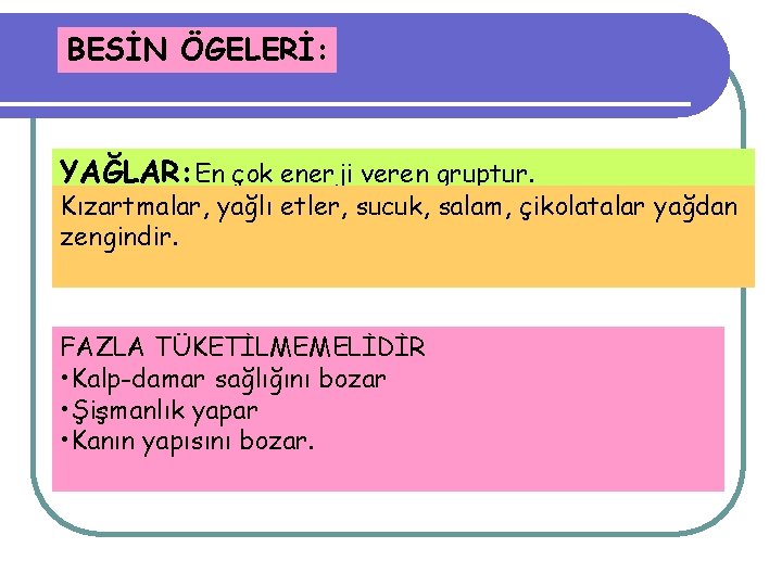 BESİN ÖGELERİ: YAĞLAR: En çok enerji veren gruptur. Kızartmalar, yağlı etler, sucuk, salam, çikolatalar