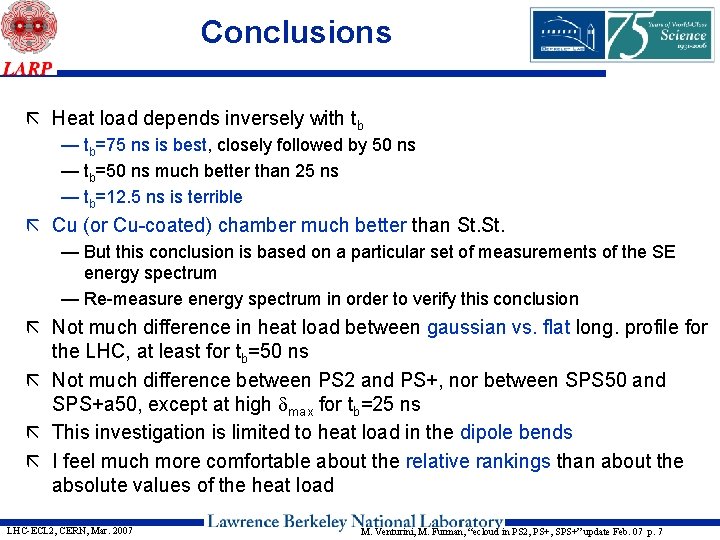 Conclusions ã Heat load depends inversely with tb — tb=75 ns is best, closely