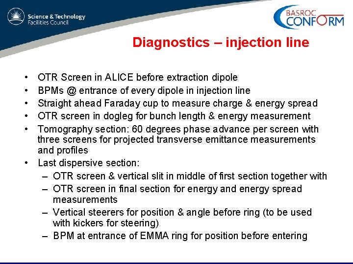 Diagnostics – injection line • • • OTR Screen in ALICE before extraction dipole