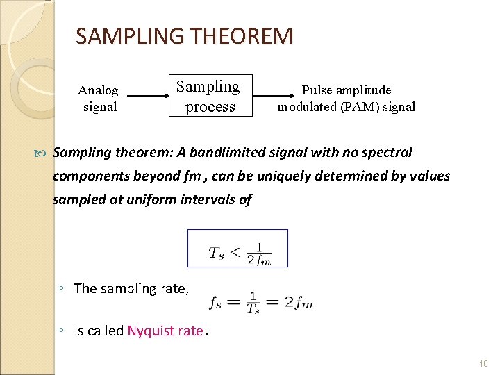 SAMPLING THEOREM Analog signal Sampling process Pulse amplitude modulated (PAM) signal Sampling theorem: A SAMPLING THEOREM Analog signal Sampling process Pulse amplitude modulated (PAM) signal Sampling theorem: A