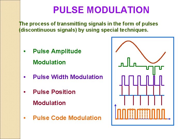 PULSE MODULATION The process of transmitting signals in the form of pulses (discontinuous signals) PULSE MODULATION The process of transmitting signals in the form of pulses (discontinuous signals)