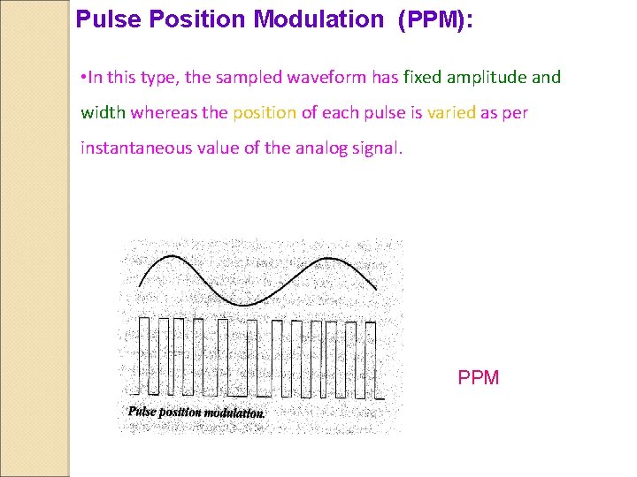 Pulse Position Modulation (PPM): • In this type, the sampled waveform has fixed amplitude Pulse Position Modulation (PPM): • In this type, the sampled waveform has fixed amplitude