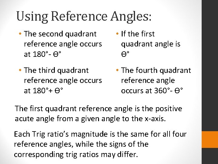 Using Reference Angles: • The second quadrant reference angle occurs at 180°- Ɵ° •