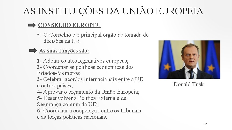 AS INSTITUIÇÕES DA UNIÃO EUROPEIA CONSELHO EUROPEU § O Conselho é o principal órgão