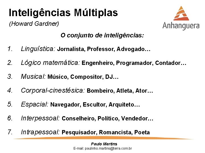 Inteligências Múltiplas (Howard Gardner) O conjunto de inteligências: 1. Linguística: Jornalista, Professor, Advogado… 2.