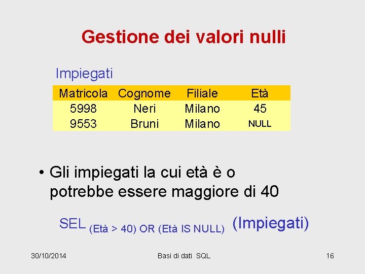 Gestione dei valori nulli Impiegati Matricola Cognome 7309 Rossi 5998 Neri 9553 Bruni Filiale