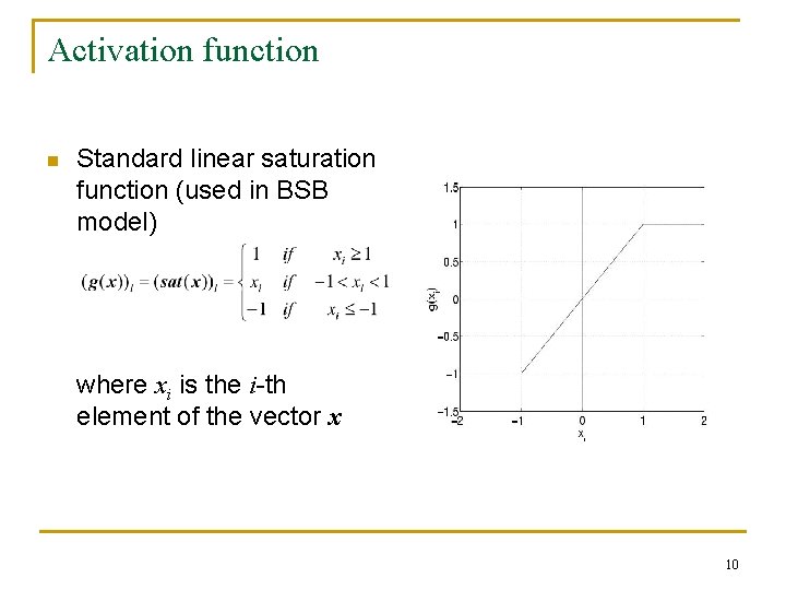 Activation function n Standard linear saturation function (used in BSB model) where xi is Activation function n Standard linear saturation function (used in BSB model) where xi is