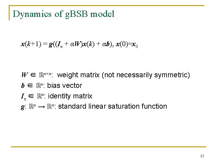 Dynamics of g. BSB model x(k+1) = g((In + αW)x(k) + αb), x(0)=x 0 Dynamics of g. BSB model x(k+1) = g((In + αW)x(k) + αb), x(0)=x 0