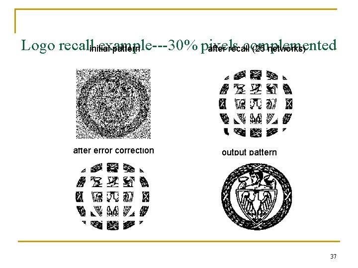 Logo recallinitial example---30% pixels complemented pattern after recall (25 networks) after error correction output Logo recallinitial example---30% pixels complemented pattern after recall (25 networks) after error correction output