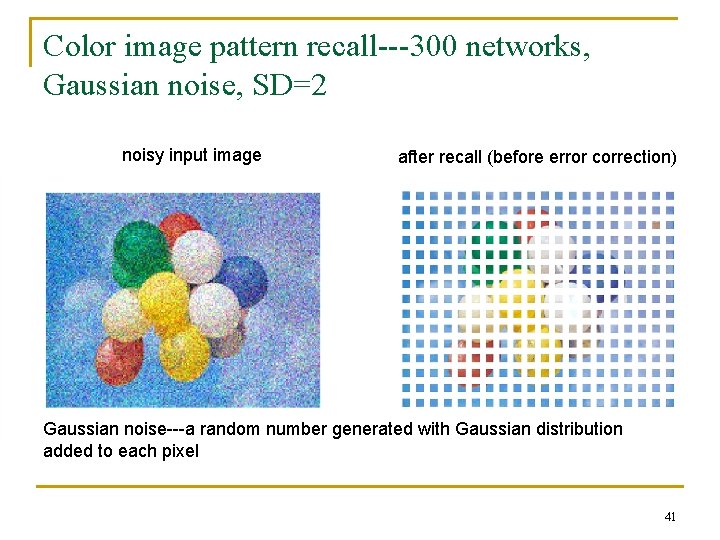 Color image pattern recall---300 networks, Gaussian noise, SD=2 noisy input image after recall (before Color image pattern recall---300 networks, Gaussian noise, SD=2 noisy input image after recall (before