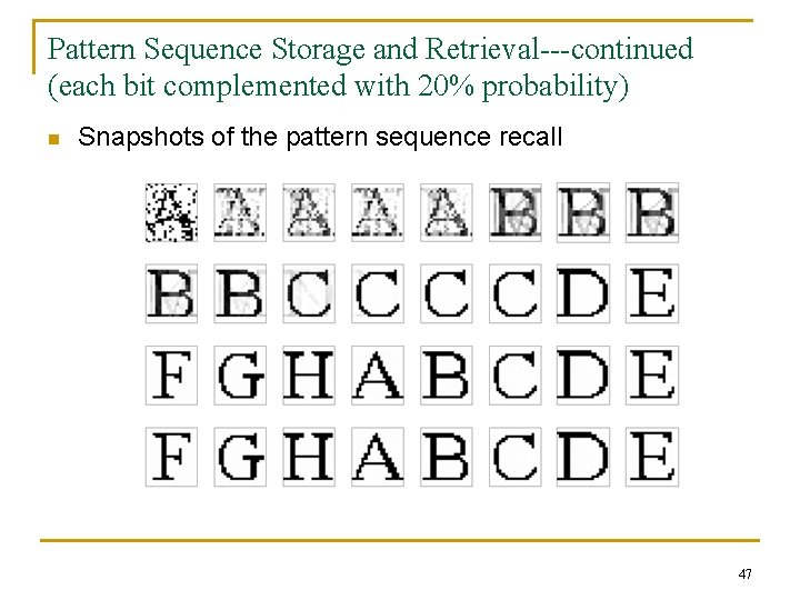 Pattern Sequence Storage and Retrieval---continued (each bit complemented with 20% probability) n Snapshots of Pattern Sequence Storage and Retrieval---continued (each bit complemented with 20% probability) n Snapshots of