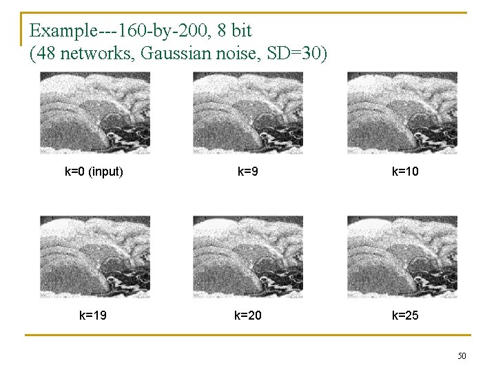 Example---160 -by-200, 8 bit (48 networks, Gaussian noise, SD=30) k=0 (input) k=9 k=10 k=19 Example---160 -by-200, 8 bit (48 networks, Gaussian noise, SD=30) k=0 (input) k=9 k=10 k=19