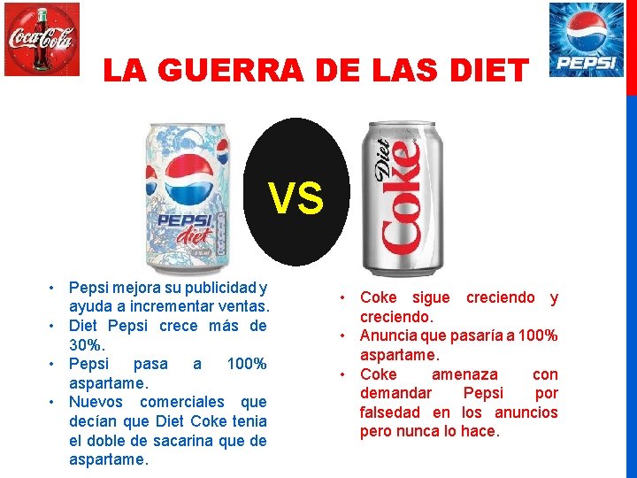 LA GUERRA DE LAS DIET vs • Pepsi mejora su publicidad y ayuda a