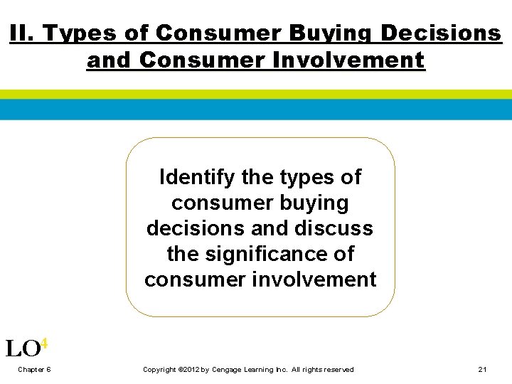 II. Types of Consumer Buying Decisions and Consumer Involvement Identify the types of consumer