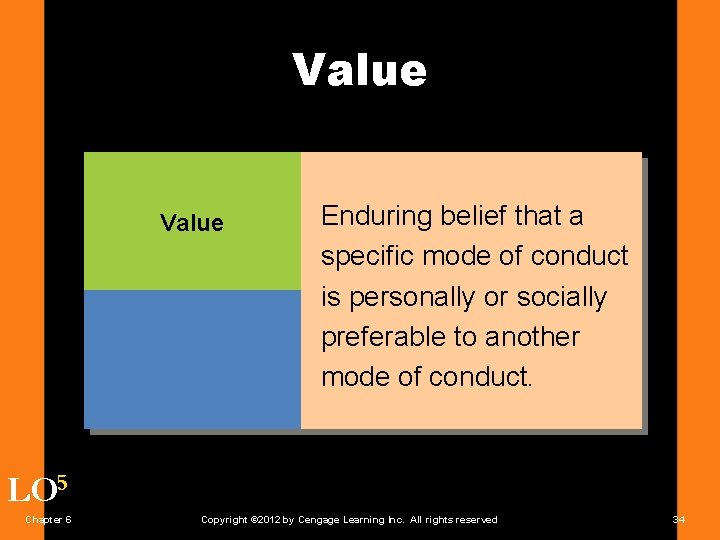 Value Enduring belief that a specific mode of conduct is personally or socially preferable