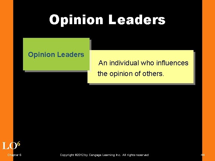 Opinion Leaders An individual who influences the opinion of others. LO 6 Chapter 6