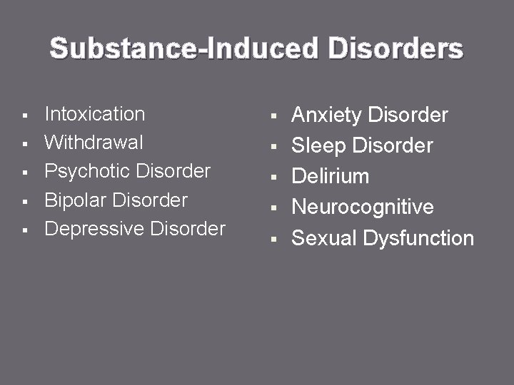 Substance-Induced Disorders § § § Intoxication Withdrawal Psychotic Disorder Bipolar Disorder Depressive Disorder §