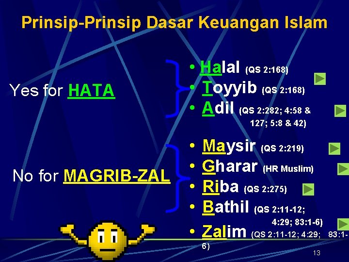 Prinsip-Prinsip Dasar Keuangan Islam Yes for HATA • Halal (QS 2: 168) • Toyyib