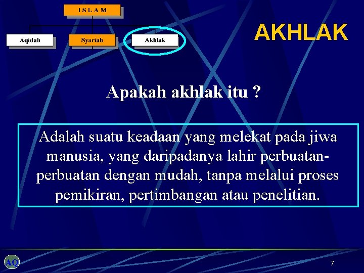 AKHLAK Apakah akhlak itu ? Adalah suatu keadaan yang melekat pada jiwa manusia, yang