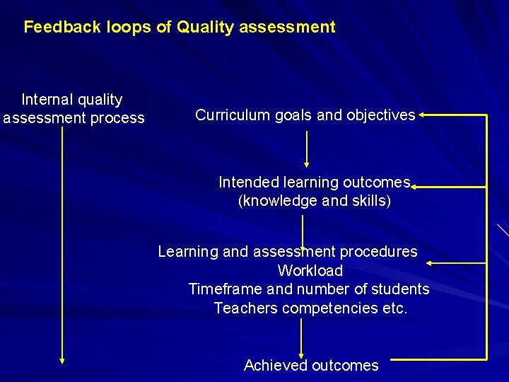 Feedback loops of Quality assessment Internal quality assessment process Curriculum goals and objectives Intended