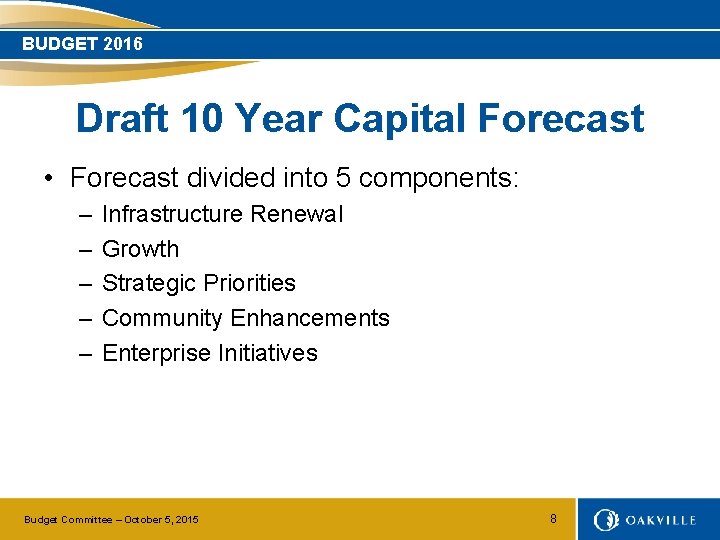 BUDGET 2016 Draft 10 Year Capital Forecast • Forecast divided into 5 components: –