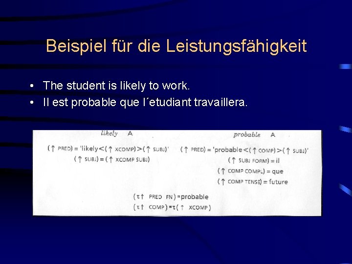 Beispiel für die Leistungsfähigkeit • The student is likely to work. • Il est