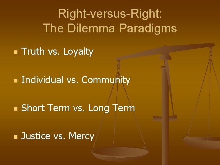 Right-versus-Right: The Dilemma Paradigms n Truth vs. Loyalty n Individual vs. Community n Short