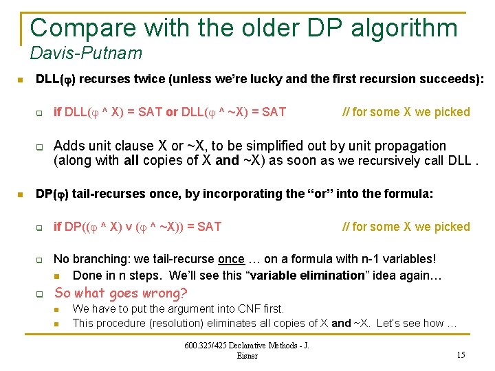 Compare with the older DP algorithm Davis-Putnam n DLL( ) recurses twice (unless we’re