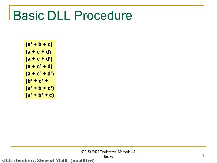 Basic DLL Procedure (a’ + b + c) (a + c + d’) (a