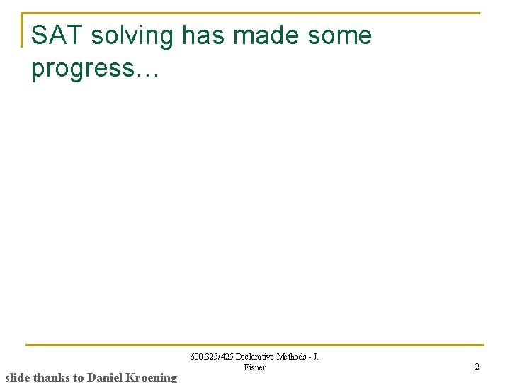 SAT solving has made some progress… slide thanks to Daniel Kroening 600. 325/425 Declarative