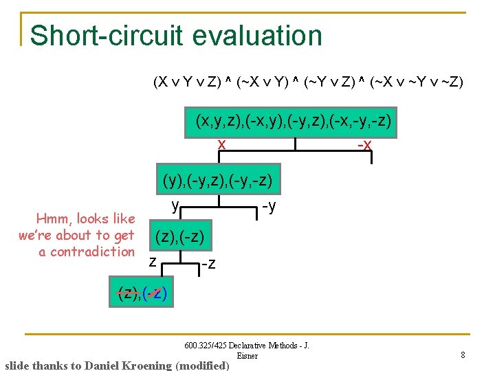 Short-circuit evaluation (X v Y v Z) ^ (~X v Y) ^ (~Y v