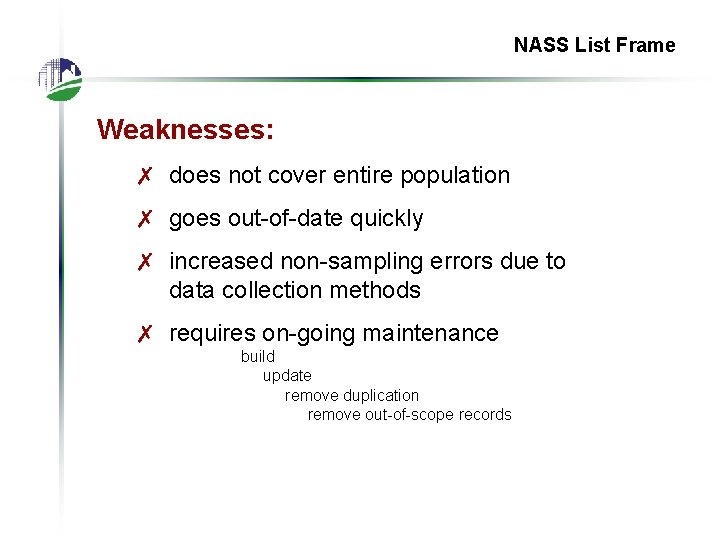 NASS List Frame Weaknesses: ✗ does not cover entire population ✗ goes out-of-date quickly