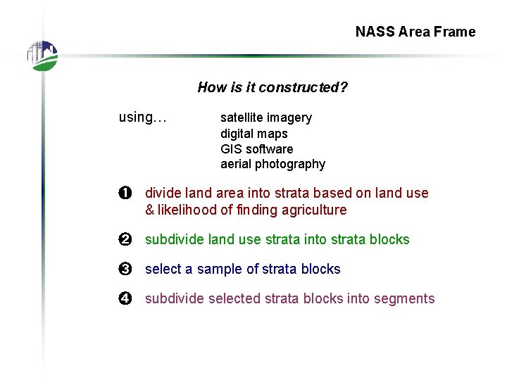 NASS Area Frame How is it constructed? using… satellite imagery digital maps GIS software