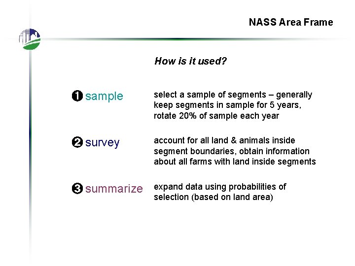 NASS Area Frame How is it used? ➊ sample select a sample of segments