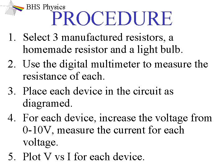 BHS Physics PROCEDURE 1. Select 3 manufactured resistors, a homemade resistor and a light