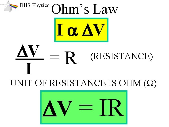 BHS Physics Ohm’s Law I a DV DV = R I (RESISTANCE) UNIT OF