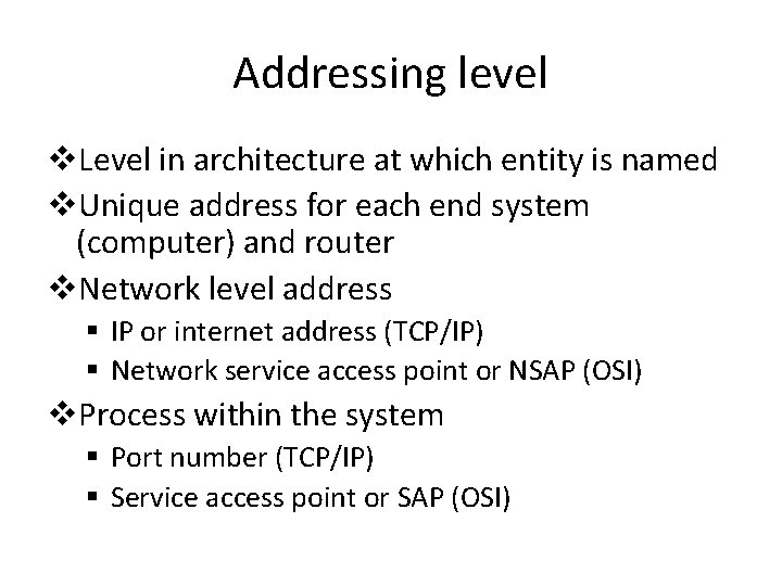Addressing level v. Level in architecture at which entity is named v. Unique address Addressing level v. Level in architecture at which entity is named v. Unique address
