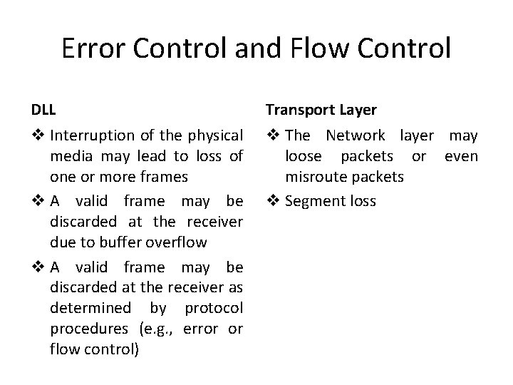 Error Control and Flow Control DLL Transport Layer v Interruption of the physical media Error Control and Flow Control DLL Transport Layer v Interruption of the physical media