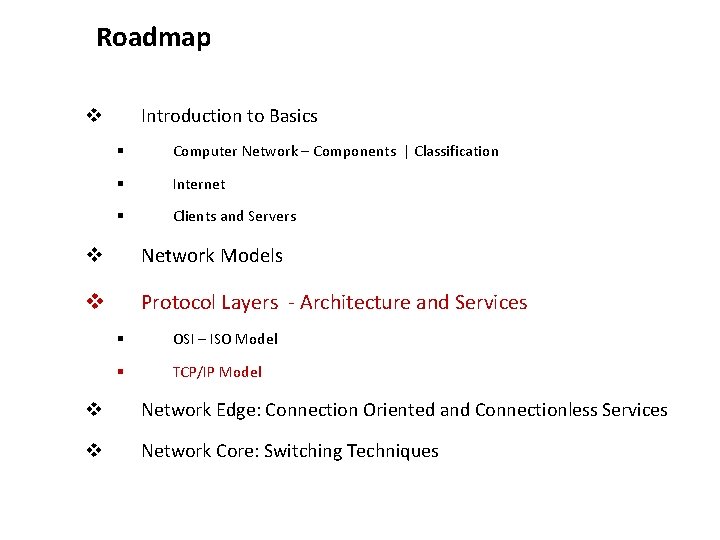 Roadmap Introduction to Basics v § Computer Network – Components | Classification § Internet Roadmap Introduction to Basics v § Computer Network – Components | Classification § Internet