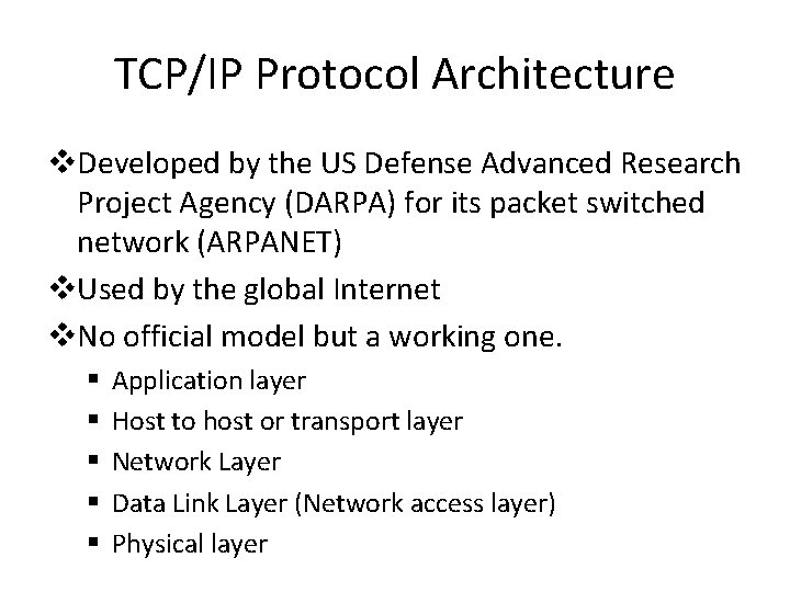 TCP/IP Protocol Architecture v. Developed by the US Defense Advanced Research Project Agency (DARPA) TCP/IP Protocol Architecture v. Developed by the US Defense Advanced Research Project Agency (DARPA)