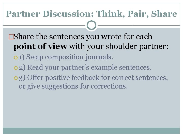 Partner Discussion: Think, Pair, Share �Share the sentences you wrote for each point of